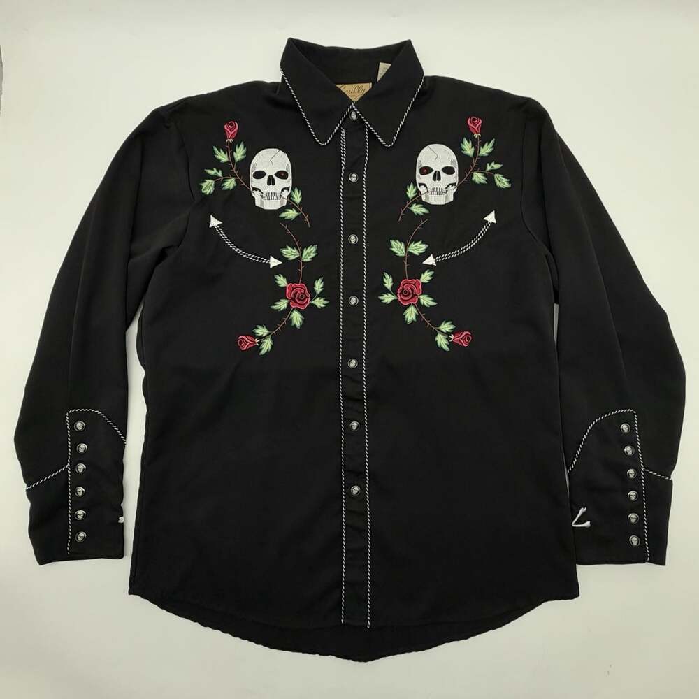 Scully Size Medium Black Rodeo Skull & Rose Embroidered Western Pearl-Snap Shirt